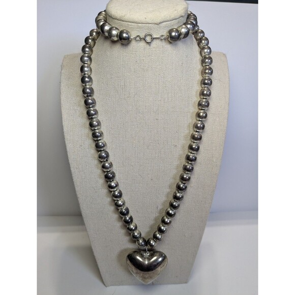 Silver Tone Ball Chain Big Puffy Heart Marked Korea - Picture 2 of 4